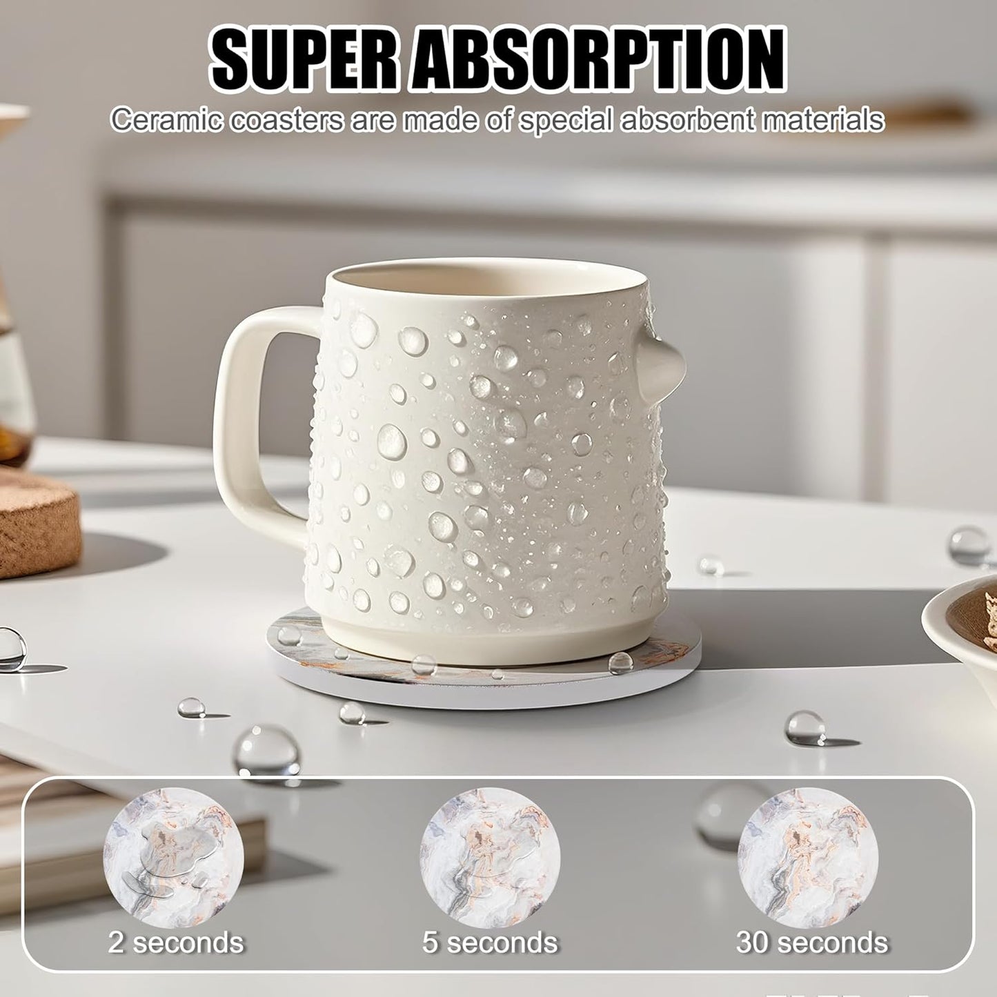 Coasters for Drinks Set of 4, Absorbent Abstract Sand Marble with Metal Golden Holder, Ceramic Coaster Set Cup Mat for Home Decor, Bar, Kitchen, Party