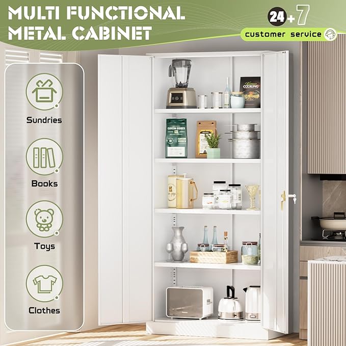 SUNCROWN 72" Metal Storage Cabinet - Heavy-Duty Metal Garage Cabinet with 4 Adjustable Shelves & 2 Doors for Tools, Office, Home, Workshop,White