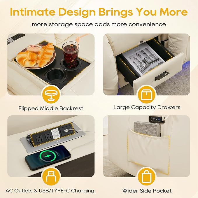 IPKIG 89" Power Reclining Loveseat Sofa, Electric Home Theater Seating with Console/4 Colors Ambient Lighting/Bluetooth Speakers/USB Ports/Built-in Outlets (Off-White, 3-Seater with Console)