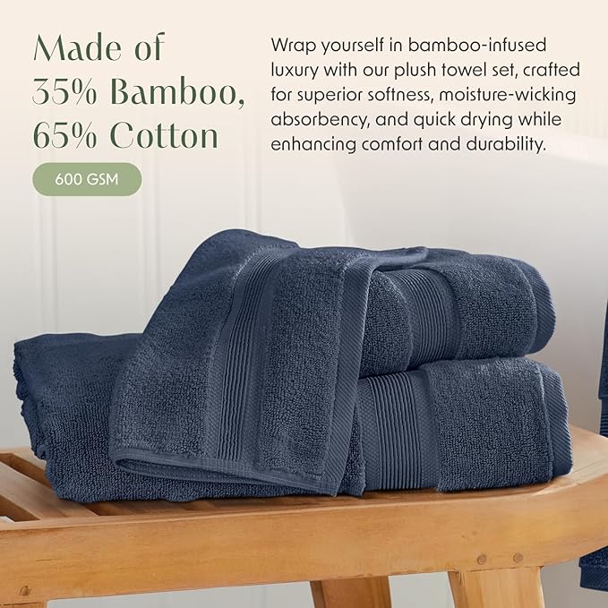 Springtree Home Luxury Viscose from Bamboo Bath Towel Set of 4 | 35% Viscose from Bamboo - 65% Cotton | Absorbent Quick-Dry Towels for Bathroom | Oeko-TEX Standard 100 Cotton | French Blue