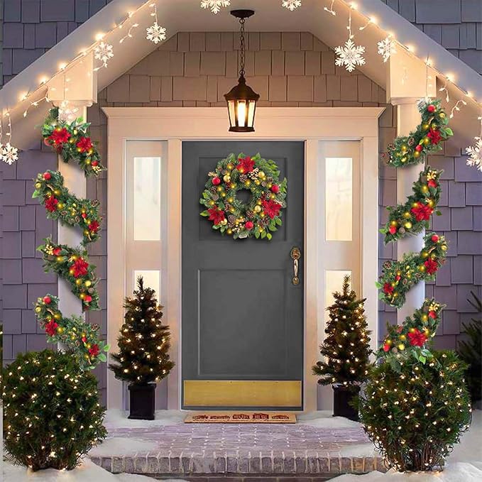 WANNA-CUL Pre-lit 6 Feet Christmas Garland with Lights for Front Door, Red Gold Ligthed Christmas Mantel Garland Decoration with Ball Ornaments,Dry Lotus, Battery Operated 30 LED