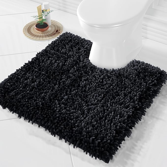 Yimobra Toilet Rugs U Shaped Washable, Extra Thick Soft Absorbent Chenille Contour Bathroom Rugs for Toilet 24x24 Inch, Quick Dry Non Slip Toilet Mat for Bath Floor, Black