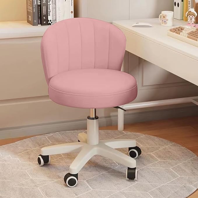 Small Desk Chair Round Rolling Chair with Back PU Leather Height Adjustable Swivel Vanity Work Computer Stool Chair for Home Office Bedroom