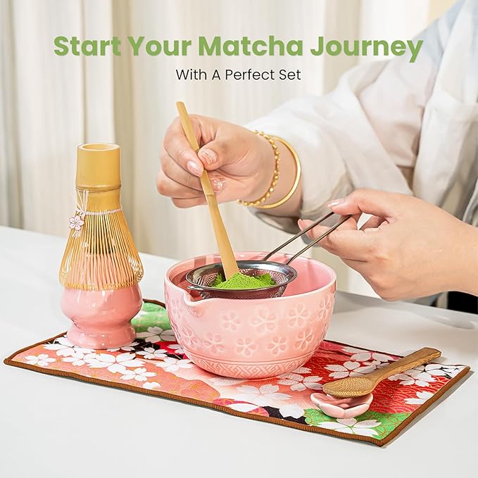 Matcha Whisk Set, Pink Matcha Set (9 Pcs) Includes Matcha Bowl, Whisk & Holder, Scoop, Sifter, Spoon, Scoop Rest, Tea Mat, Hand Book - Ideal Ceramic Matcha Kit for Matcha Lovers