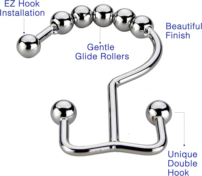 2lbDepot Shower Curtain Rings Hooks - Chrome Finish - Premium 18/8 Stainless Steel - Double Hooks with Easy Glide Rollers Rust Resistant Metal Hook, Six Finishes Available - Set of 12 for Shower Rods