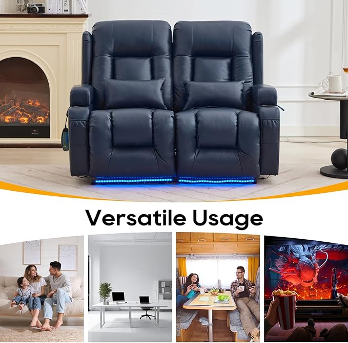 IPKIG 54" Power Loveseat Recliner Sofa, Electric Home Theater Seating with Massage Heat/4 Colors Ambient Lights/USB Port/Side Pocket/Cup Holder for Living Room, Bedroom, Home (Blue, 2 Seater)