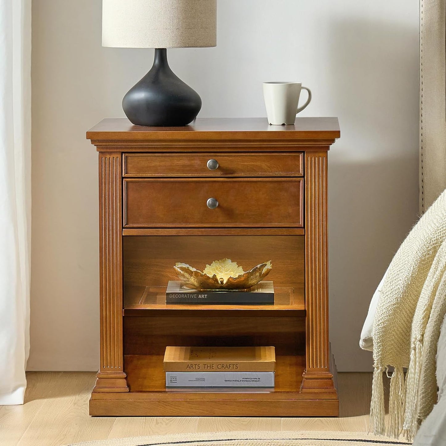 HULALA HOME Wood Nightstand with Tray and Storage Shelves, Traditional Design with Roman Column, End Table with Charging Station/LED, AC0RN