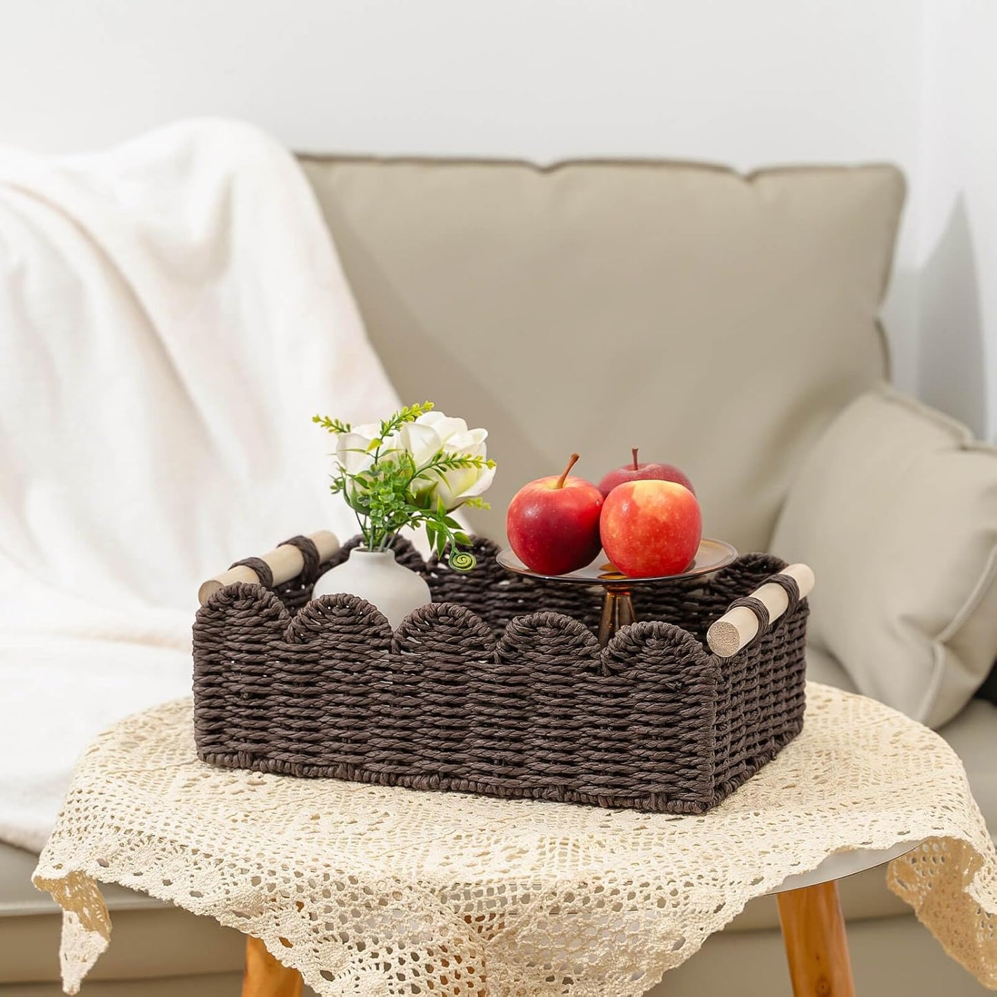 CubesLand Paper Rope Scalloped Edge Shelves Storage Basket, Woven Toilet Paper Baskets for Over Toilet Storage Shelf, Ending Table, Floating Shelves Organizing or Home Décor, with Wood Handle, Brown