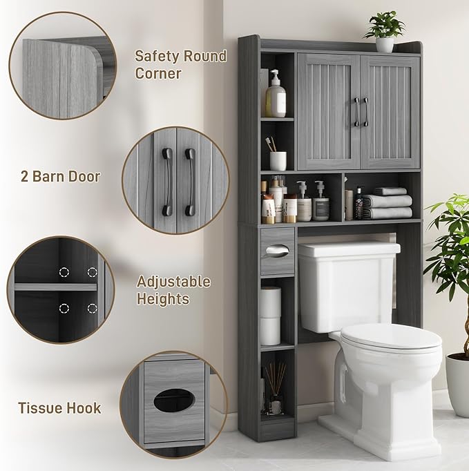 Over The Toilet Storage Cabinet, Farmhouse Storage Cabinet Over Toilet with Barn Door，Home Space-Saving Toilet Rack for Bathroom, Restroom and Laundry.（Wash Grey）