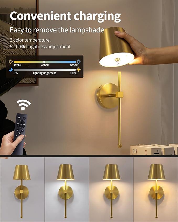 KDG Cordless Wall Sconces Set of 2, Wireless 5200mAh Rechargeable Battery LED Wall Lamps, Wall Lightings for Wall Painting, Outdoor, Garden, Living Room, Bedside, Hallway, Gifts, Night Light (Gold)