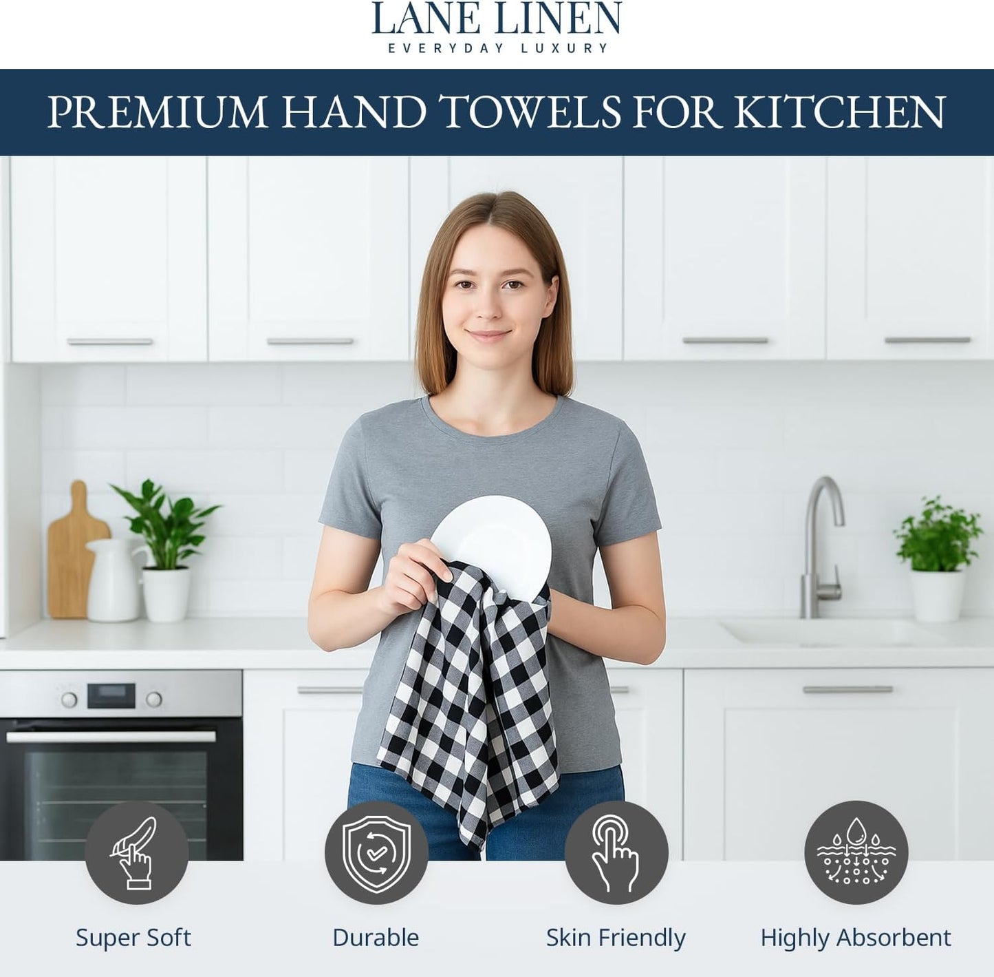 LANE LINEN Kitchen Dish Towels Set of 12 – 18”x28” Soft & Quick-Drying Hand and Tea Towels, Premium Decorative Kitchen Towel – Black