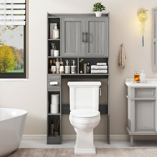 Over The Toilet Storage Cabinet, Farmhouse Storage Cabinet Over Toilet with Barn Door，Home Space-Saving Toilet Rack for Bathroom, Restroom and Laundry.（Wash Grey）