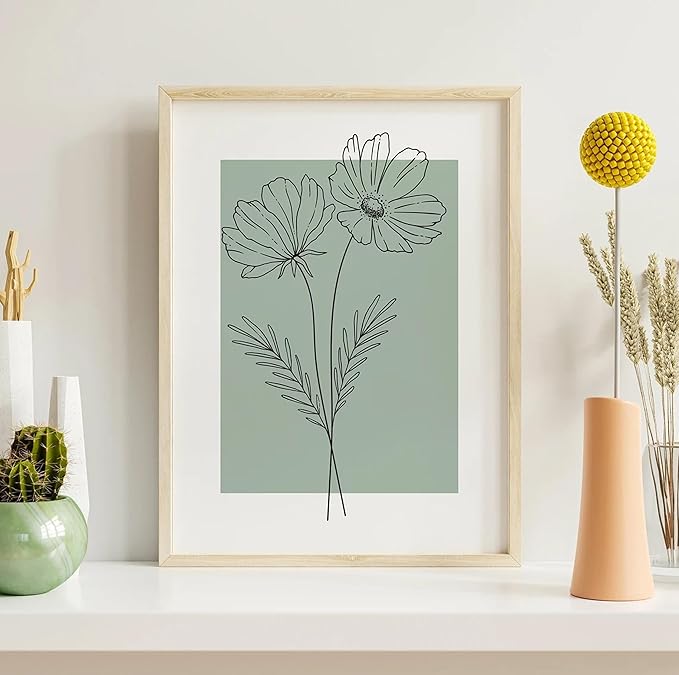 3 pcs of Line Flower Canvas Wall Art Minimalist Flower Paintings Pictures Decor Green Botanical Flower Simplicity Posters Prints for Living Bedroom Bathroom Scene Home Decoration Unframed