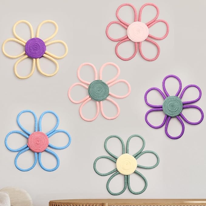 Peryiter 6 Set 10 Inch Boho Nursery Decor Woven Daisy Flower Macrame Wall Hanging for Baby Girls Nursery Home Bedroom Dorm Decor (Multicolor)