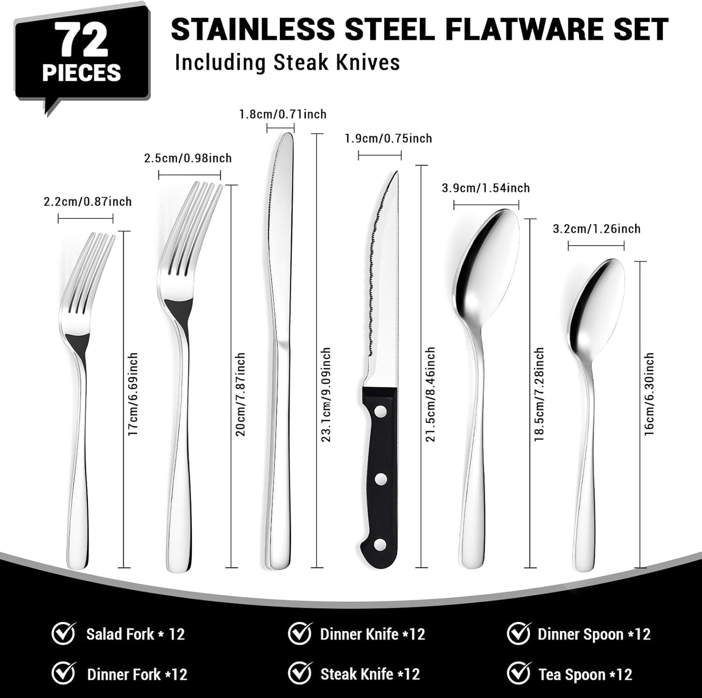 BEWOS 72-Pieces Silverware Set for 12 - Stainless Steel Flatware Set with Mirror Polish, Cutlery Set Including Steak Knives, Forks and Spoons, Dishwasher Safe for Restaurant (Silver)