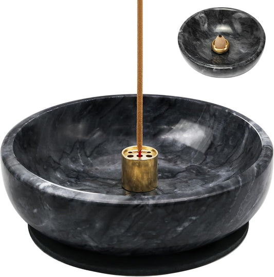 Natural Marble Incense Burner, Stick and Reflux Incense Holder, Handmade Stick Incense Burner, Ideal for Incense Smoking, Incense Burning and Decoration (Extra Large 5.91inBlack)