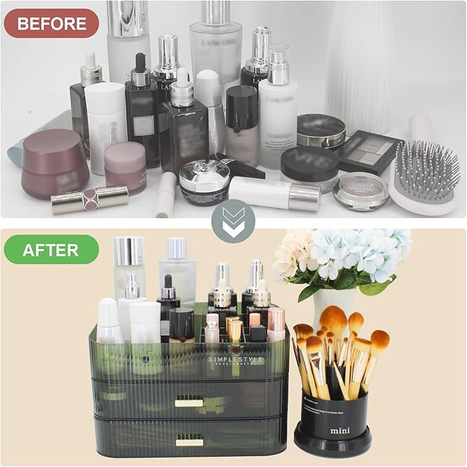 Makeup Organizer with 2 Drawers, Cosmetics Organizer for Bedroom and Bathroom Vanity Countertops, Large Capacity Cosmetic Storage Box for Skincare Cream Perfume Lipstick Dresser Counter-Green