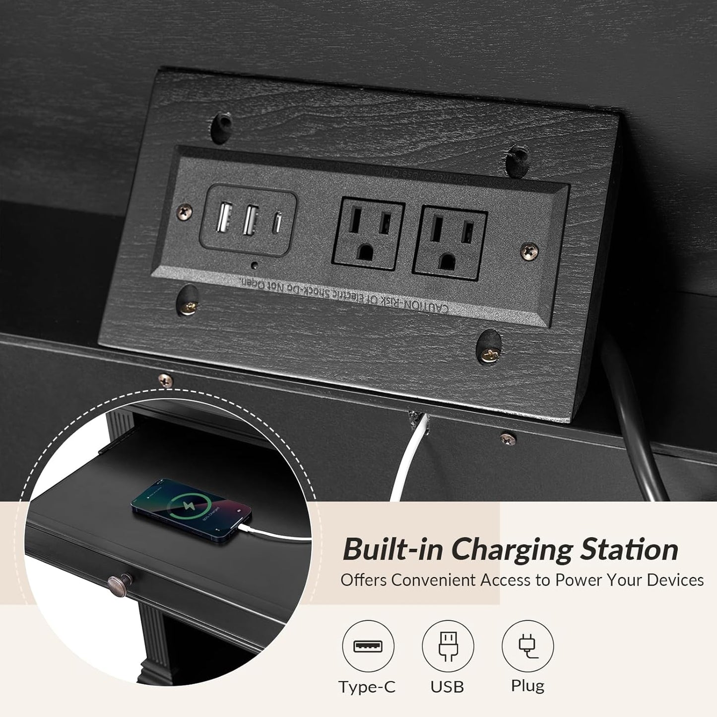 HULALA HOME Wood Nightstand with Tray and Storage Shelves, Traditional Design with Roman Column, End Table with Charging Station/LED, Black