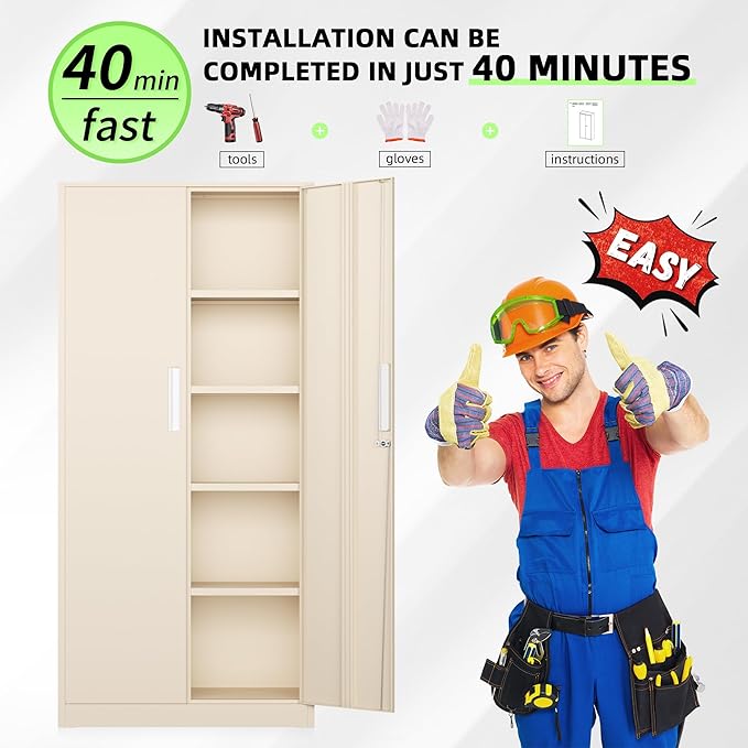 SUNCROWN 72" Metal Storage Cabinet - Heavy-Duty Metal Garage Cabinet with 4 Adjustable Shelves & 2 Doors for Tools, Office, Home, Workshop,Warm Grey-Small