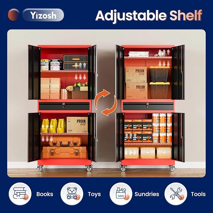 Yizosh Metal Garage Storage Cabinet with Locking Doors and Adjustable Shelves,- 73" Rolling Tool Storage Cabinet with 4 Wheels and 1 Drawer for Garage,Warehouse (Red Black)