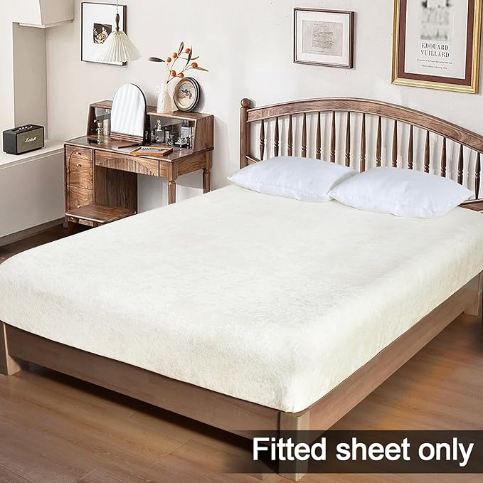 PHF Truly Velvet Fitted Sheet Only Twin Size, Luxury Super Soft Cozy Fuzzy Fleece Bottom Sheet, Deep Pocket Up to 16",Strenghth Elastic Band, Suitable for Fall Winter Spring, No Pillowcases,Snow White