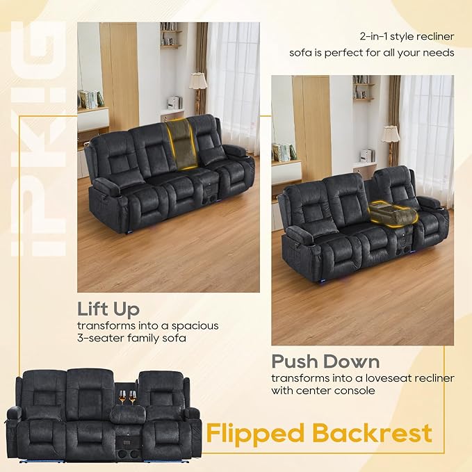 IPKIG 89" Power Reclining Loveseat Sofa, Electric Home Theater Seating with Console/4 Colors Ambient Lighting/Bluetooth Speakers/USB Ports/Built-in Outlets (Grey, 3-Seater with Console)