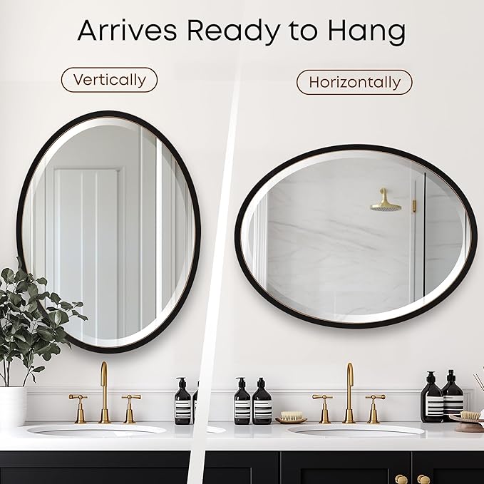 OVALCREST - Oval Wooden Beveled Wall Mirror for Home Decor, Bathroom, Vanity, Bedroom, Living Room, Hallway - London Style (Rubbed Black) 31.1 x 41.1