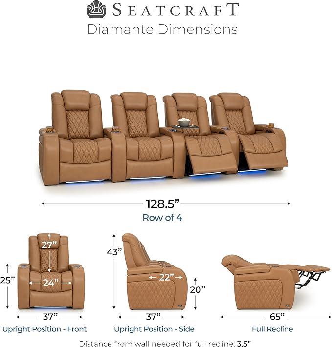 Seatcraft Diamante Zero-Gravity CoolZero Italian Leather Home Theater Seating, Power Headrest, Power Recline, Row of 4, Tan Oak