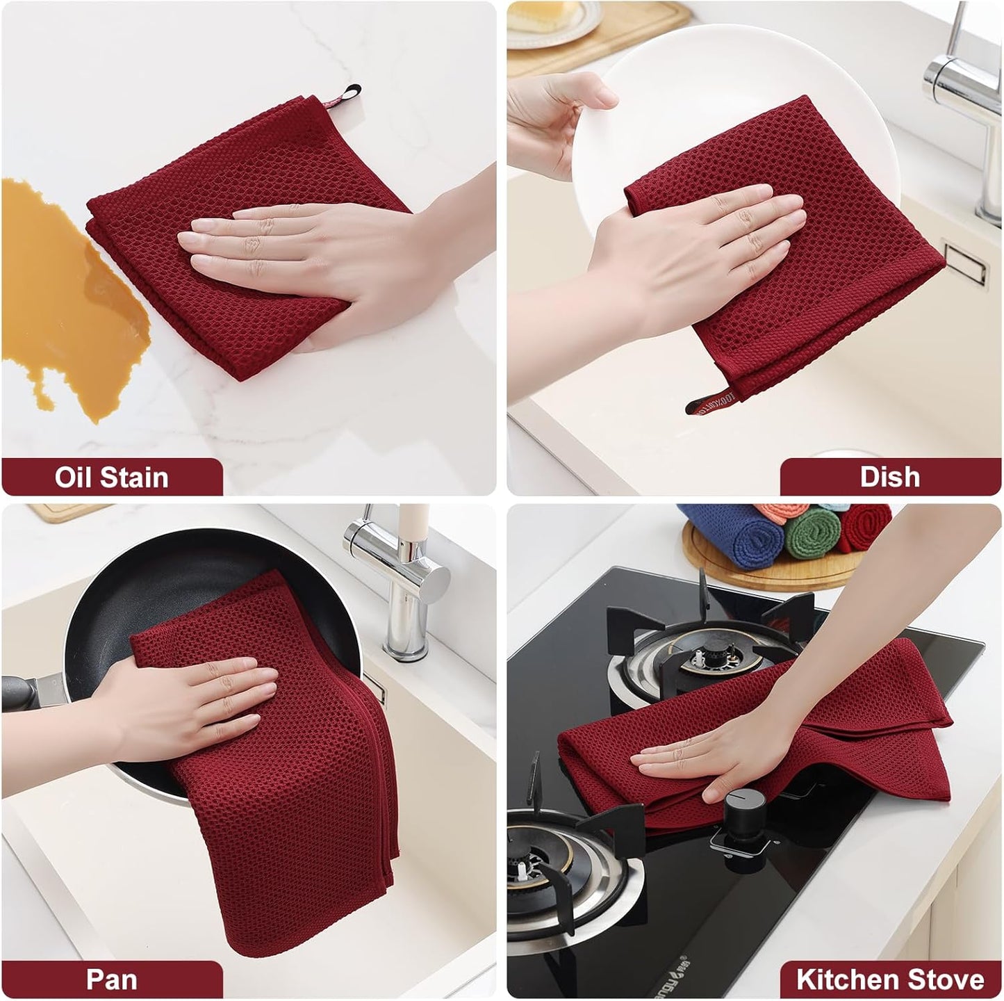Homaxy 100% Cotton Kitchen Towels and Dishcloths Set, 12 x 12 Inches and 13 x 28 Inches, Set of 12 Bulk Kitchen Towels Set, Ultra Soft Absorbent Dish Cloths for Washing Dishes, Burgundy