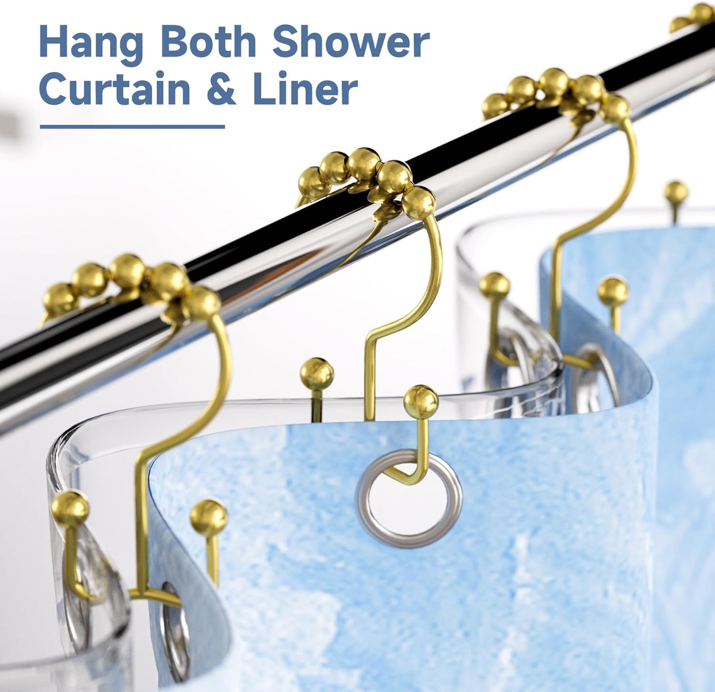 Titanker Gold Shower Curtain Hooks Rings, Rust-Resistant Metal Double Glide Shower Hooks Rings for Bathroom Shower Curtains Rods, Set of 12 Hooks - Gold