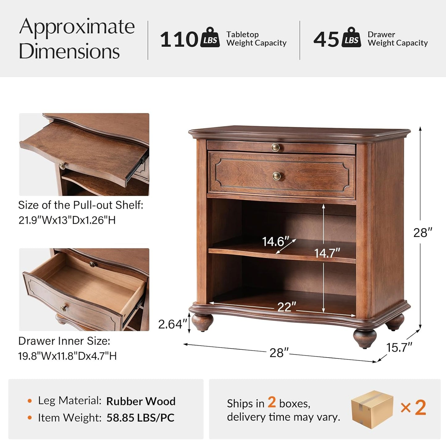 HULALA HOME Wooden Nightstand with Pull-Out Shelf, Mid Century Modern Nightstand with Solid Wood Drawers and Legs, Adjustable Storage Set of 2, Brown