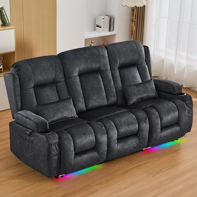 IPKIG 76" Power Reclining Sofa, Electric Home Theater Seating with Flipped Middle Backrest/LED Lighting/USB Ports/Built-in Outlets, Dual Recliner Sofa 3 Seater for Living Room RV (Grey)