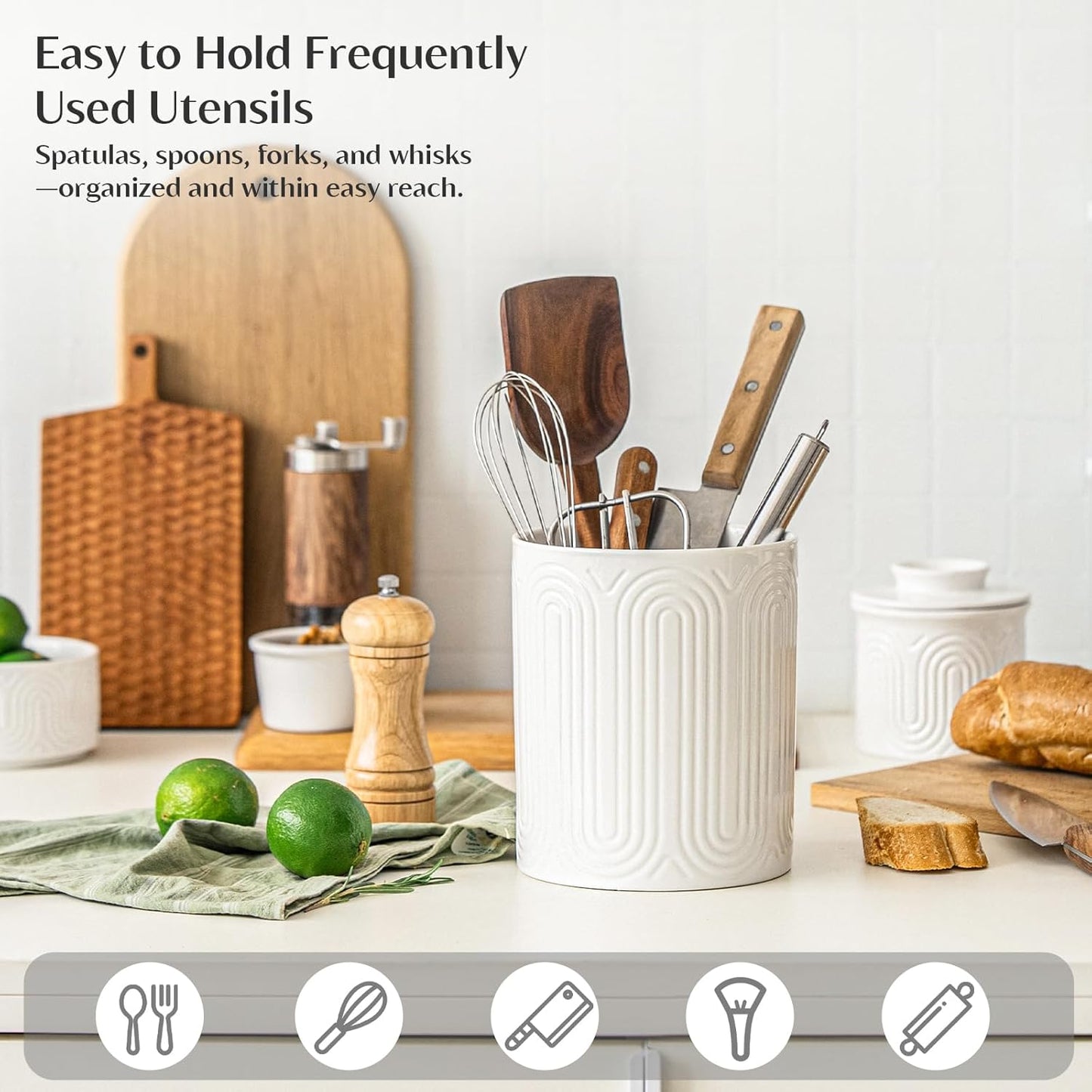 INSETLAN 7.1" Ceramic Utensil Holder, Kitchen Utensil Organizer for Countertop, Arch-Design Utensil Crock for Farmhouse Decor & Kitchen Counter, Perfect Housewarming Gift
