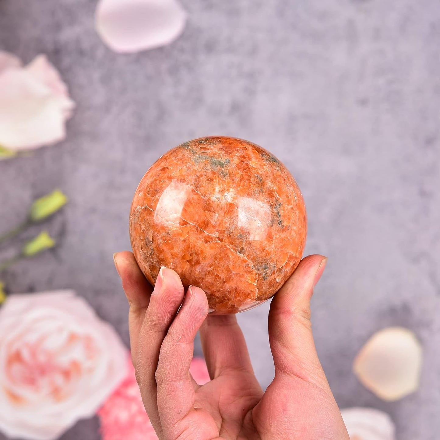 JIC Gem Sunstone Healing Crystals Sphere Ball Natural Rare Sparkling Crystal Sphere Ball Mineral Quartz Stone Ball with Decorative Stand Home Decoration (70-80mm)