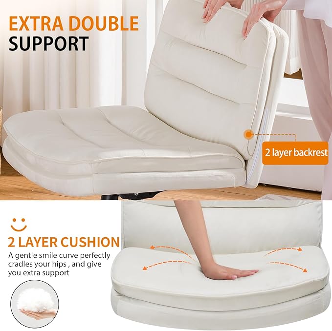 COMHOMA Cross Legged Office Chair with Wheels Armless Office Desk Chair, Modern Vanity Computer Task Chairs for Home Bedroom, Comfortable Wide Seat for Lower Back Pain Relief, PU Leahter, Beige