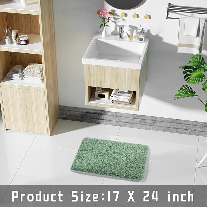 Yimobra Pure Light Green Bathroom Rugs Non Slip Washable 24x17, Ultra Soft and Water Absorbent Bath Mats, Plush Fluffy Shower Mat Outside, Microfiber Thick Matts for Bathroom Floor/Sink