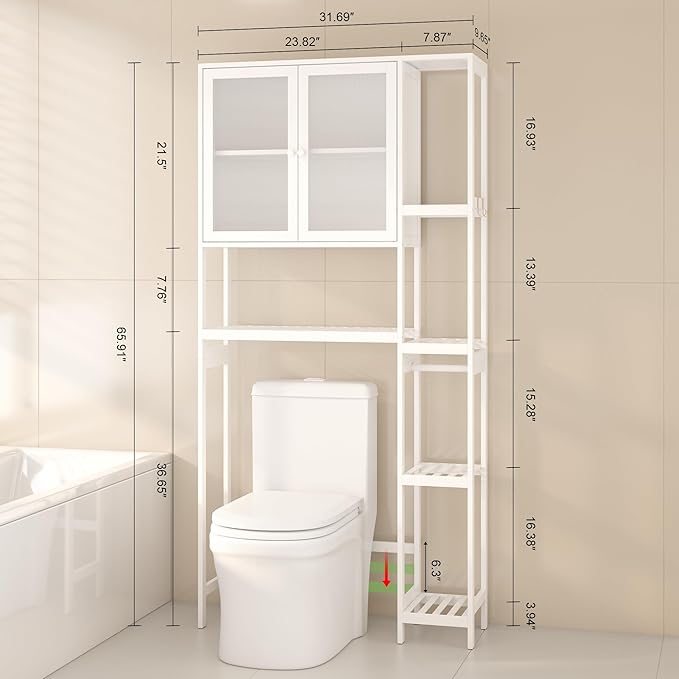 Over The Toilet Storage Cabinet Above Toilet Bathroom Organizer with Toilet Paper Holder Stand Bath Organizer with Adjustable Shelves & Acrylic Doors,Anti-Tip Device (White, 3 Tiers with Cabinet)