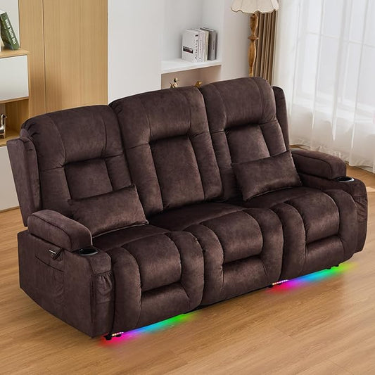 IPKIG 76" Power Reclining Sofa, Electric Home Theater Seating with Flipped Middle Backrest/LED Lighting/USB Ports/Built-in Outlets, Dual Recliner Sofa 3 Seater for Living Room RV (Brown)