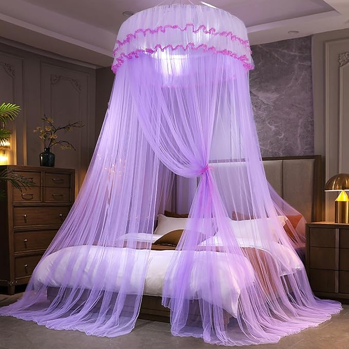Kertnic Mosquito Net Bed Canopy for Girls, Princess Canopy Bed Curtain Fine Sheer Mesh Dome Bed Canopies, Kids & Adults Lace Tent for Twin Full Queen King Bed (Light Purple)