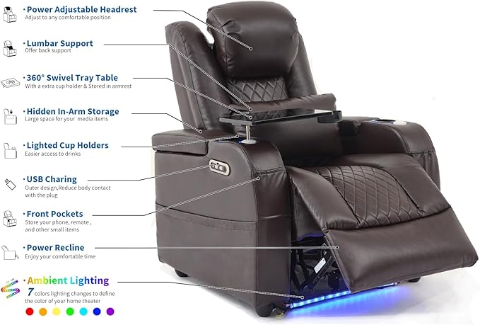 Home Theater Seating Seats, Game Movie Theater Chairs Theater Recliner Sofa with 7 Colors Ambient Lighting, Lumbar Pillow, Side Pocket, Tray Table, Power Recliner