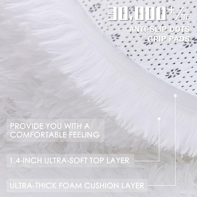 OLANLY White Round Rugs for Bedroom - Machine Washable, 2 ft Circle Area Rugs for Living Room, Soft and Fluffy Shaggy Carpet for Teen Girls and Boys, Nursery Rooms, Dorms, Home Decor Aesthetic
