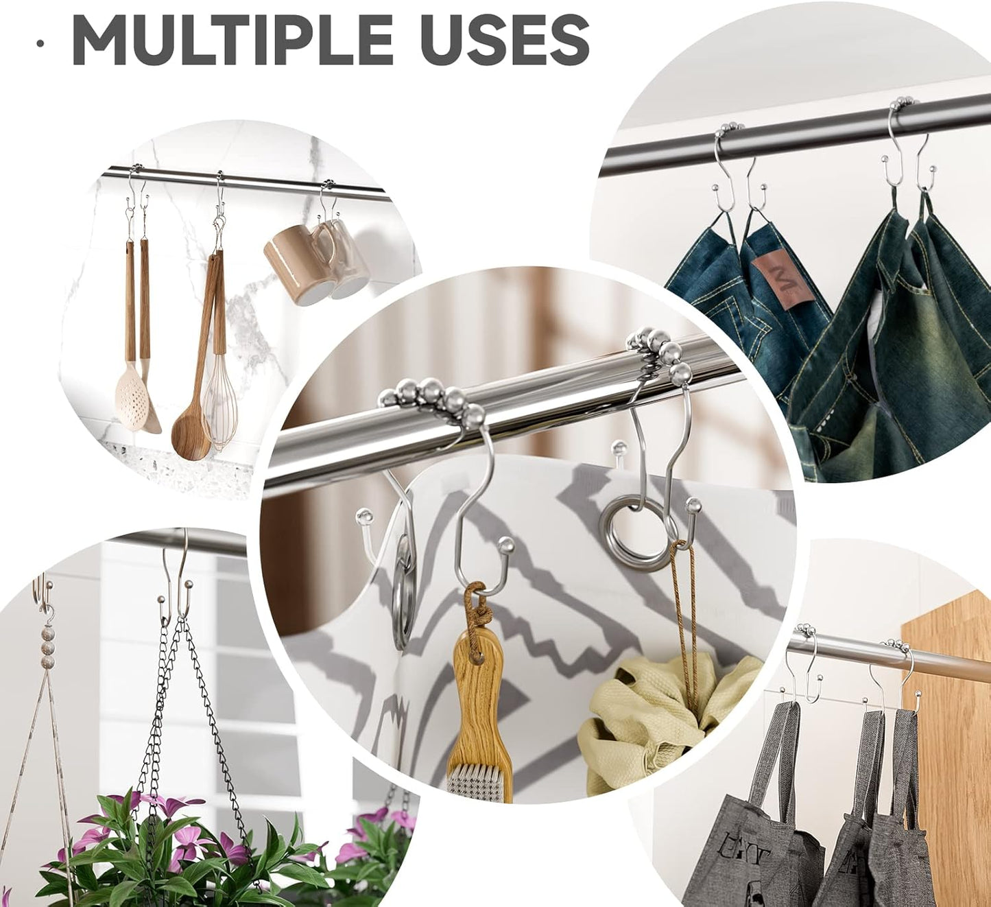 Shower Curtain Hooks Chrome Shower Curtain Rings Rust Proof, Smooth Glide Double Shower Curtain Hooks, 12Pcs Shower Curtain Hangers, Shower Hooks for Shower Curtain Bathroom Shower Rod Hooks