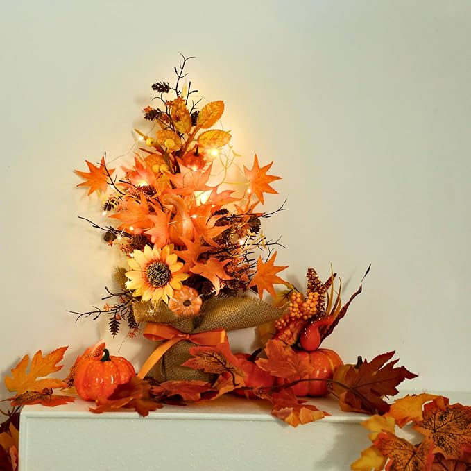 18 Inch Fall Table Tree, LED Lighted Fall Tree with Sunflowers Maple Leaf Pumpkin,Artificial Fall Tree for Autumn Harvest Thanksgiving Home Decor
