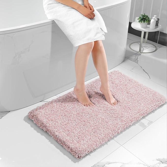 Yimobra Luxury Bathroom Rugs, Fluffy Bath Mats, Non Slip, Water Absorbent Microfiber, Machine Washable, Plush Carpet Shower Rugs, Thick Matts for Bathroom Floor&Tub, 44"x 24", Light Pink and White