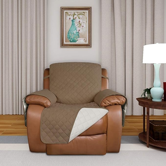 PureFit Reversible Quilted Sofa Cover, Water Resistant Slipcover Furniture Protector, Washable Couch Cover with Non Slip and Elastic Straps for Kids, Dogs, Pets (Oversized Recliner, Camel/Ivory)
