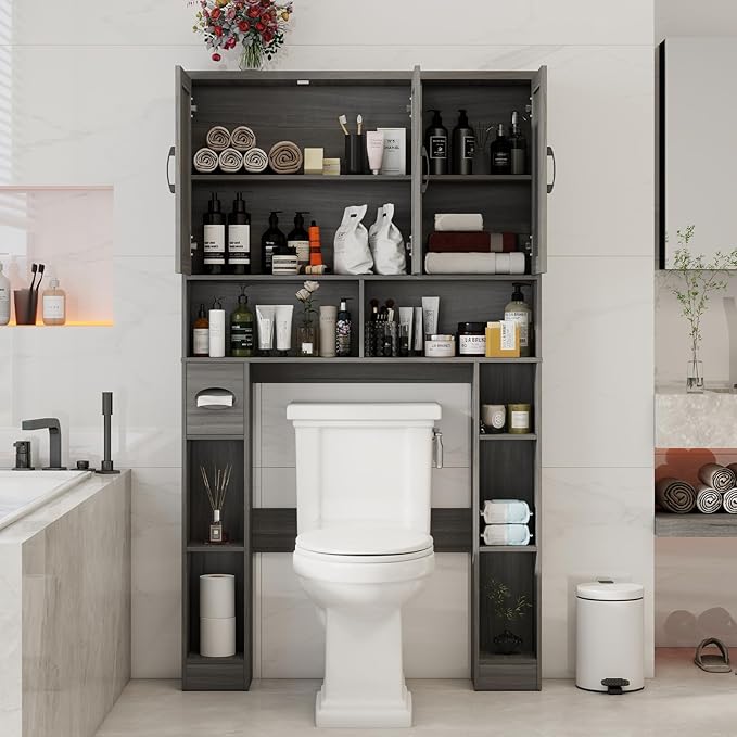 Over The Toilet Storage Cabinet, Farmhouse Toilet Cabinet Rack with 3 Barn Doors, Space Saving Bathroom Organizer with Shelves, Toilet Paper Holder and Towel Rack for Bathroom,Restroom,Laundry