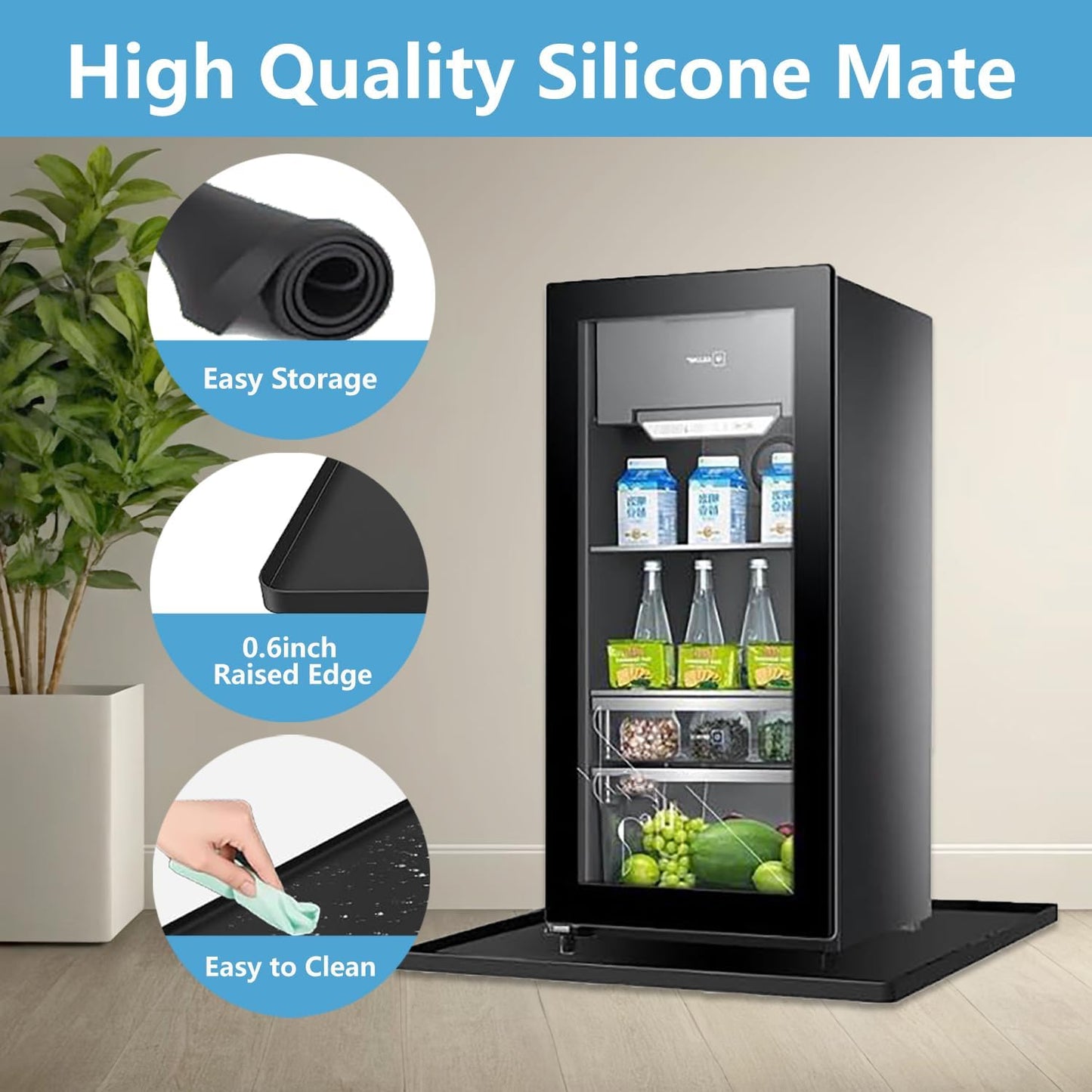 Mini Fridge Mat, 24x24 Inch Silicone Protective Drip Tray with Raised Edge - Leak Proof Floor Guard for Water Dispenser, Washer, Dryer, Pet Bowls - Easy Clean & Foldable