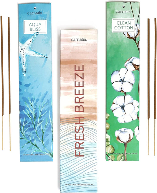 Carnatia Fresh Breeze Incense Sticks – Set of 2 Fresh, Long-Lasting Aromas for Your Home | Unwind with Clean Cotton & Aqua Bliss Scents | Natural, Sustainable Incense for Everyday Calm!