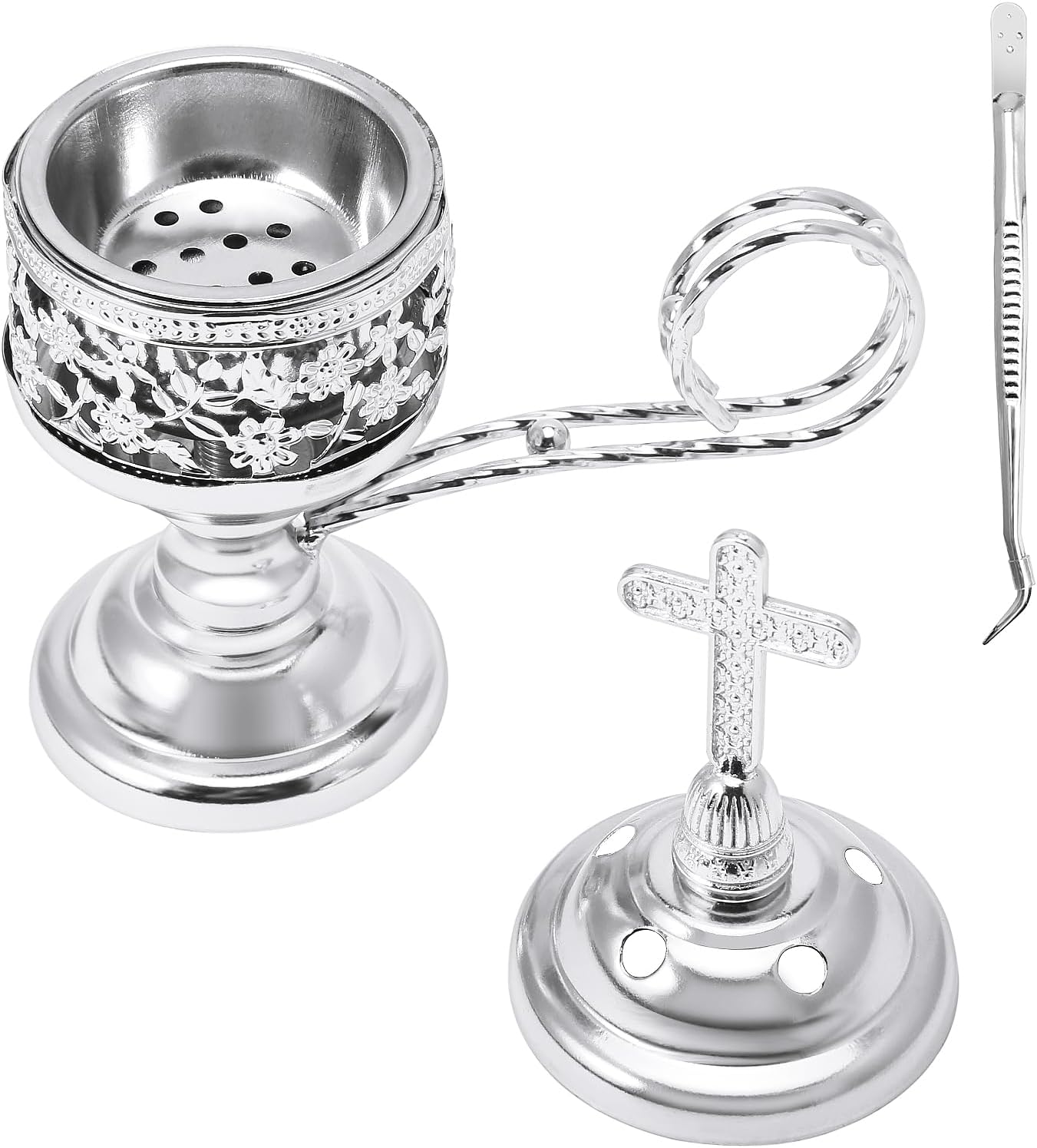Yawlsow Incense Burner, Frankincense Charcoal Incense Stand, Bakhoor Incense Burner Holder, Ideal for Aromatherapy, Yoga and Spa, Home and Christian Church Censer, (Silver)