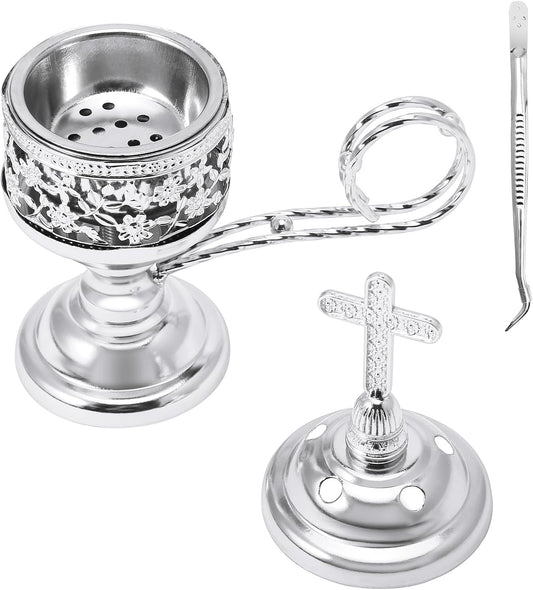 Yawlsow Incense Burner, Frankincense Charcoal Incense Stand, Bakhoor Incense Burner Holder, Ideal for Aromatherapy, Yoga and Spa, Home and Christian Church Censer, (Silver)